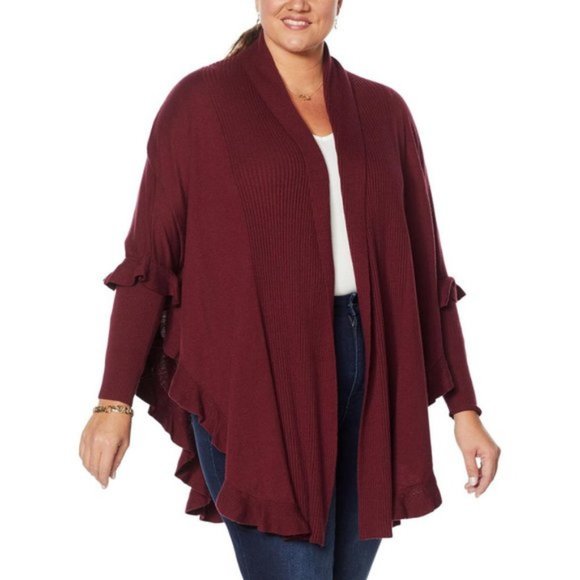 NWT COLLEEN LOPEZ OPEN FRONT RUFFLE PONCHO SWEATER WINE M/L - Picture 1 of 11